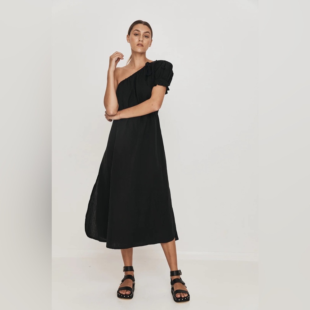 Saint Helena | Black Mara Gown Linen Cotton Midi One Off Shoulder Dress